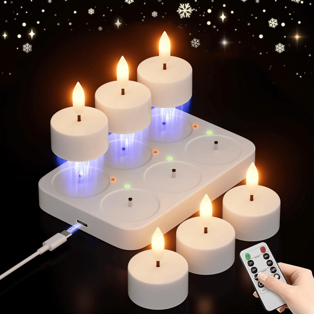 Rechargeable Flameless LED Tea Lights, Charging Station & Remote Included, Flickering Fake Candles, Safe No Flame Candle for Home