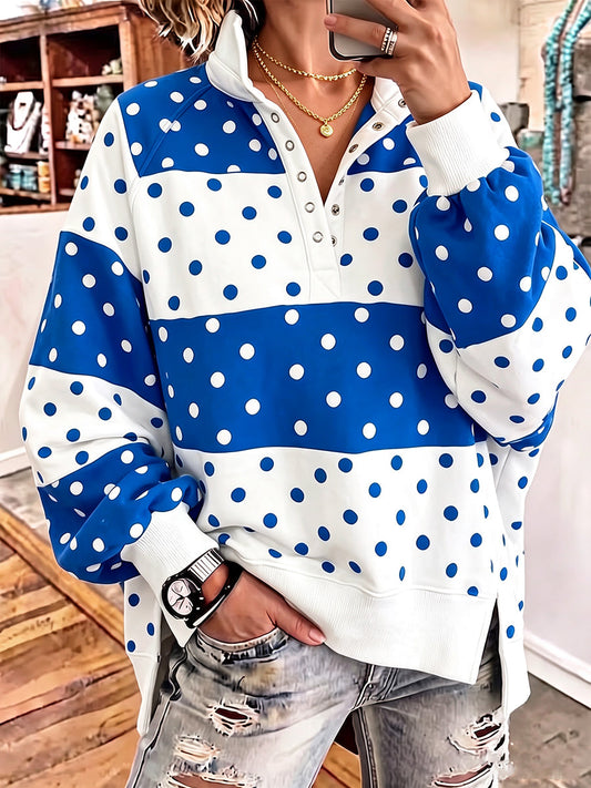 Playful Polka-Dot Button-Neck Sweatshirt