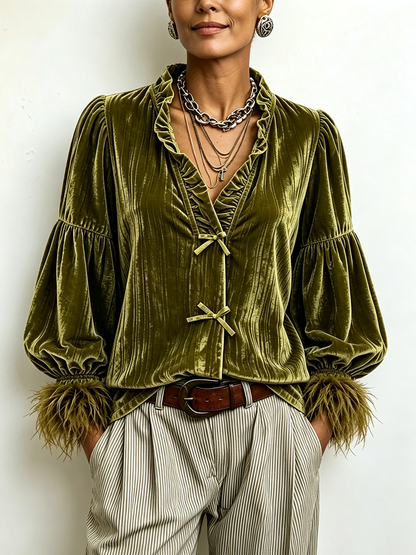 Chic Ruffle Collar Velvet Olive Blouse