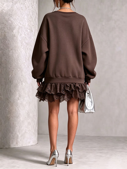 Chic Oversize V-Neck Lace-Trimmed Sweatshirt Mini Dress