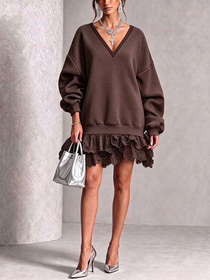 Chic Oversize V-Neck Lace-Trimmed Sweatshirt Mini Dress