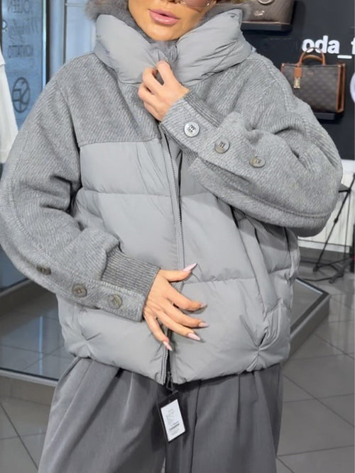 Casual-chic Hooded Down-padded Jacket With A Faux-fur Collar And Wool-blend Paneling.