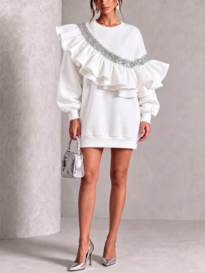 Glamorous Sequin Ruffled Oversize Sweatshirt Mini Dress
