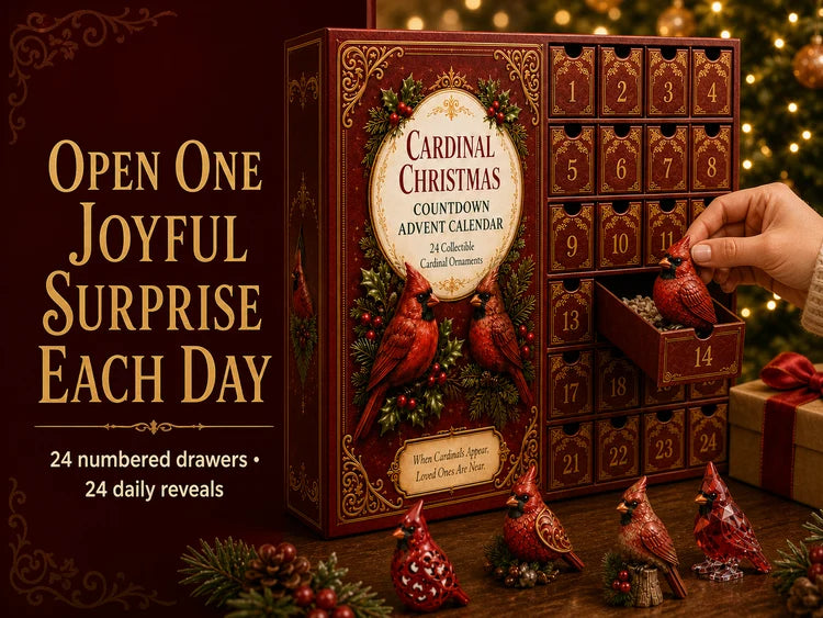 Book-style cardinal Christmas advent calendar with an opened drawer