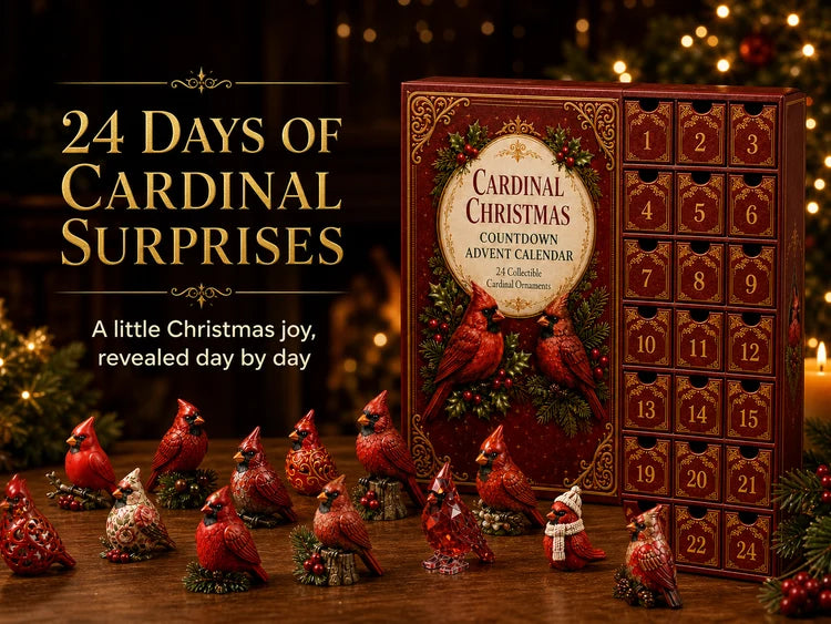 Christmas countdown calendar with 24 numbered drawers and decorative cardinal ornaments