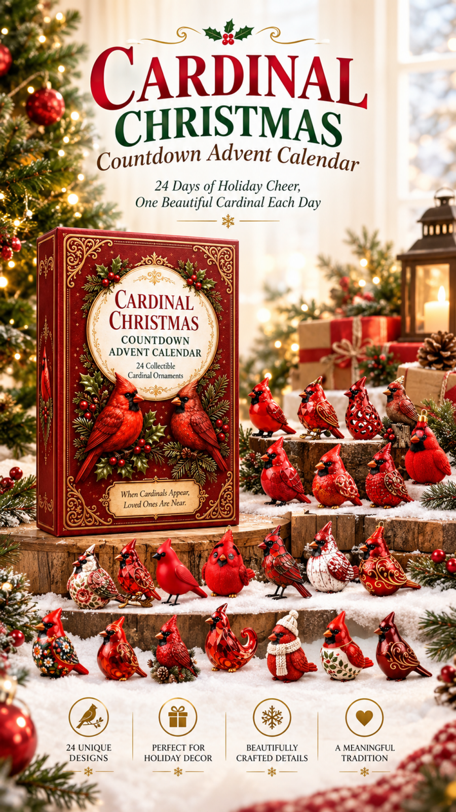 Cardinal Christmas 24-day countdown calendar and decorative bird ornament collection