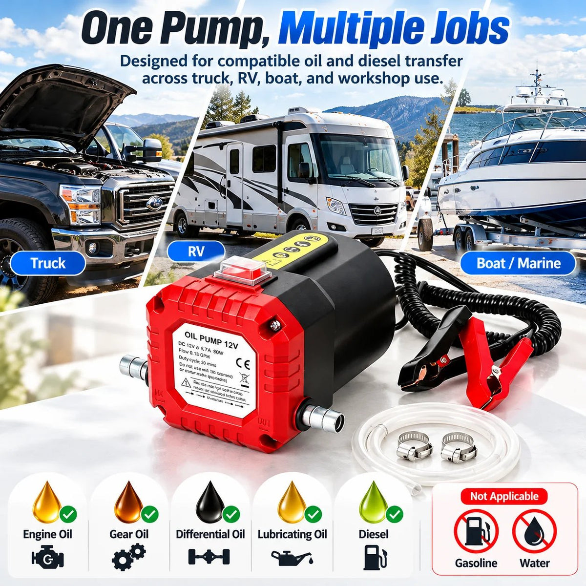 12V 80W Electric Oil Extractor Pump – Engine Oil & Gear Oil Transfer Kit with Hoses