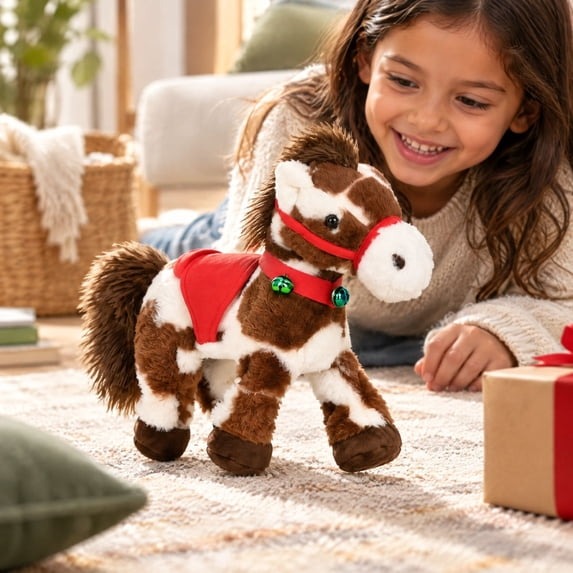 🔥Christmas Sale🎁Christmas Animated Electric Musical Plush Pony Toy, Spotted Soft Stuffed Horse Animal