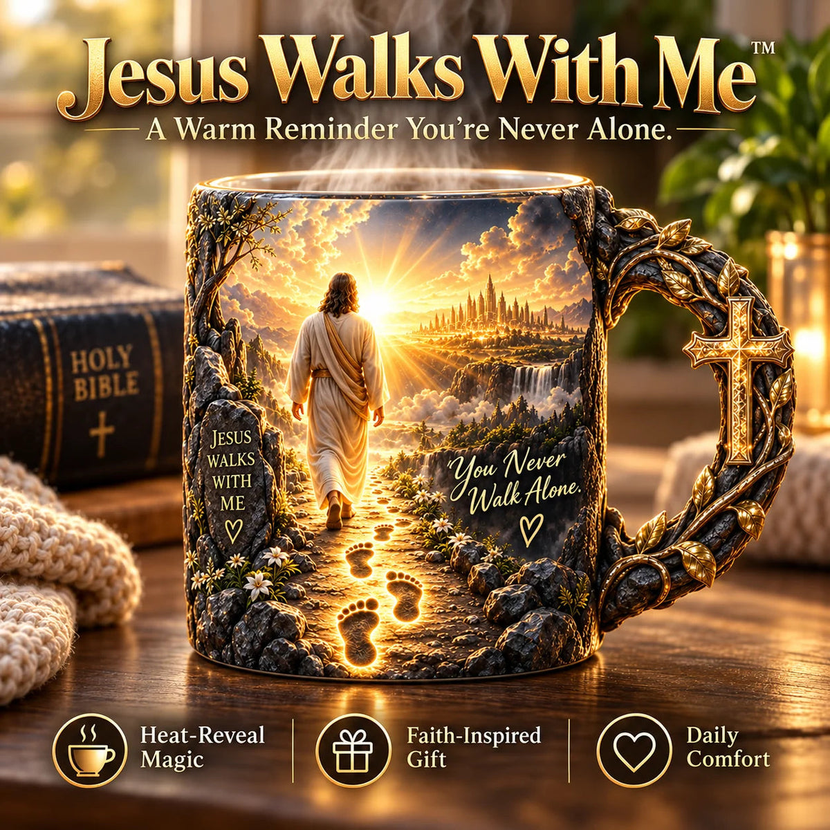 🔥Last Day 49% OFF♥✝️ Jesus Walks With Me™ – Heat-Reveal Faith Mug | You Are Never Alone