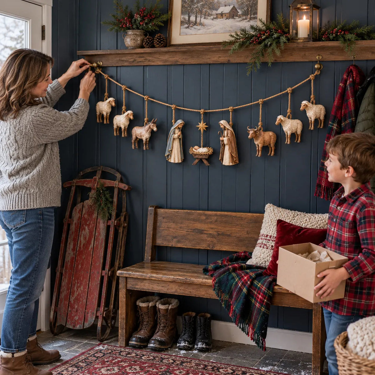 🎄 Handcrafted Wooden Nativity Garland – Rustic Christmas Decor