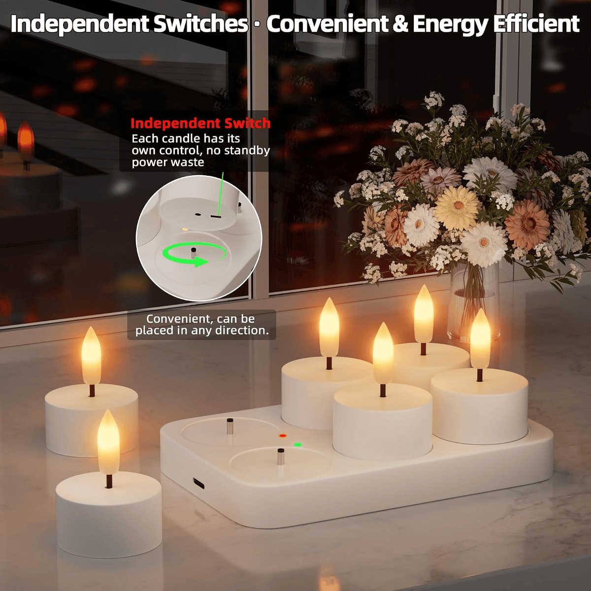 Rechargeable Flameless LED Tea Lights, Charging Station & Remote Included, Flickering Fake Candles, Safe No Flame Candle for Home