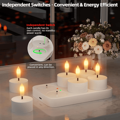 Rechargeable Flameless LED Tea Lights, Charging Station & Remote Included, Flickering Fake Candles, Safe No Flame Candle for Home
