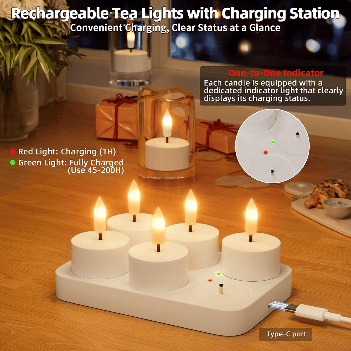 Rechargeable Flameless LED Tea Lights, Charging Station & Remote Included, Flickering Fake Candles, Safe No Flame Candle for Home