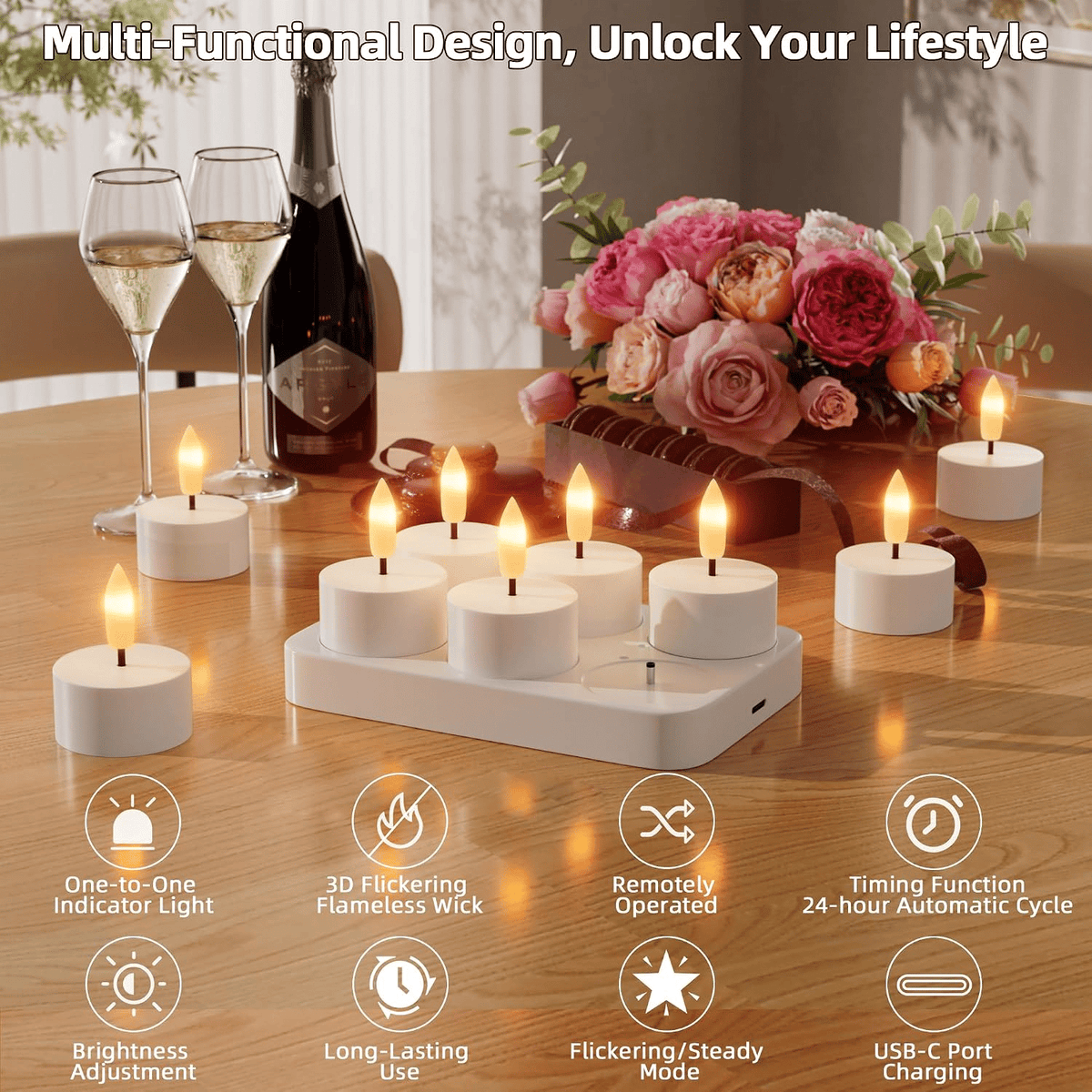 Rechargeable Flameless LED Tea Lights, Charging Station & Remote Included, Flickering Fake Candles, Safe No Flame Candle for Home