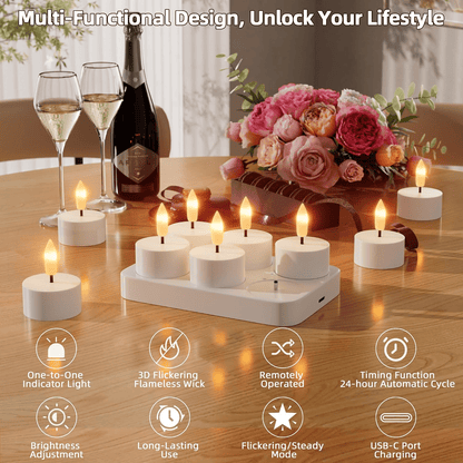 Rechargeable Flameless LED Tea Lights, Charging Station & Remote Included, Flickering Fake Candles, Safe No Flame Candle for Home