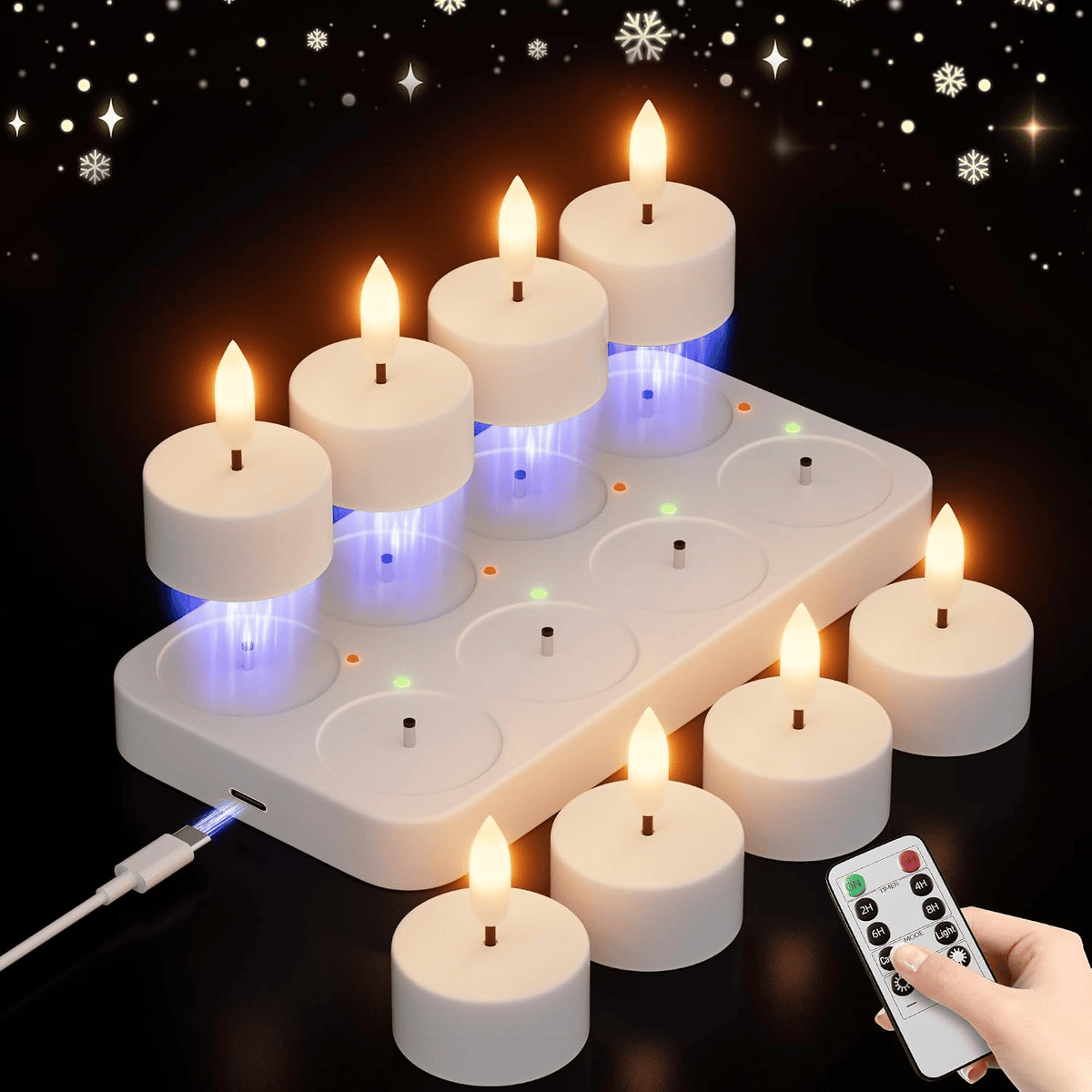 Rechargeable Flameless LED Tea Lights, Charging Station & Remote Included, Flickering Fake Candles, Safe No Flame Candle for Home
