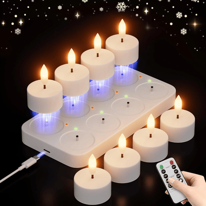 Rechargeable Flameless LED Tea Lights, Charging Station & Remote Included, Flickering Fake Candles, Safe No Flame Candle for Home