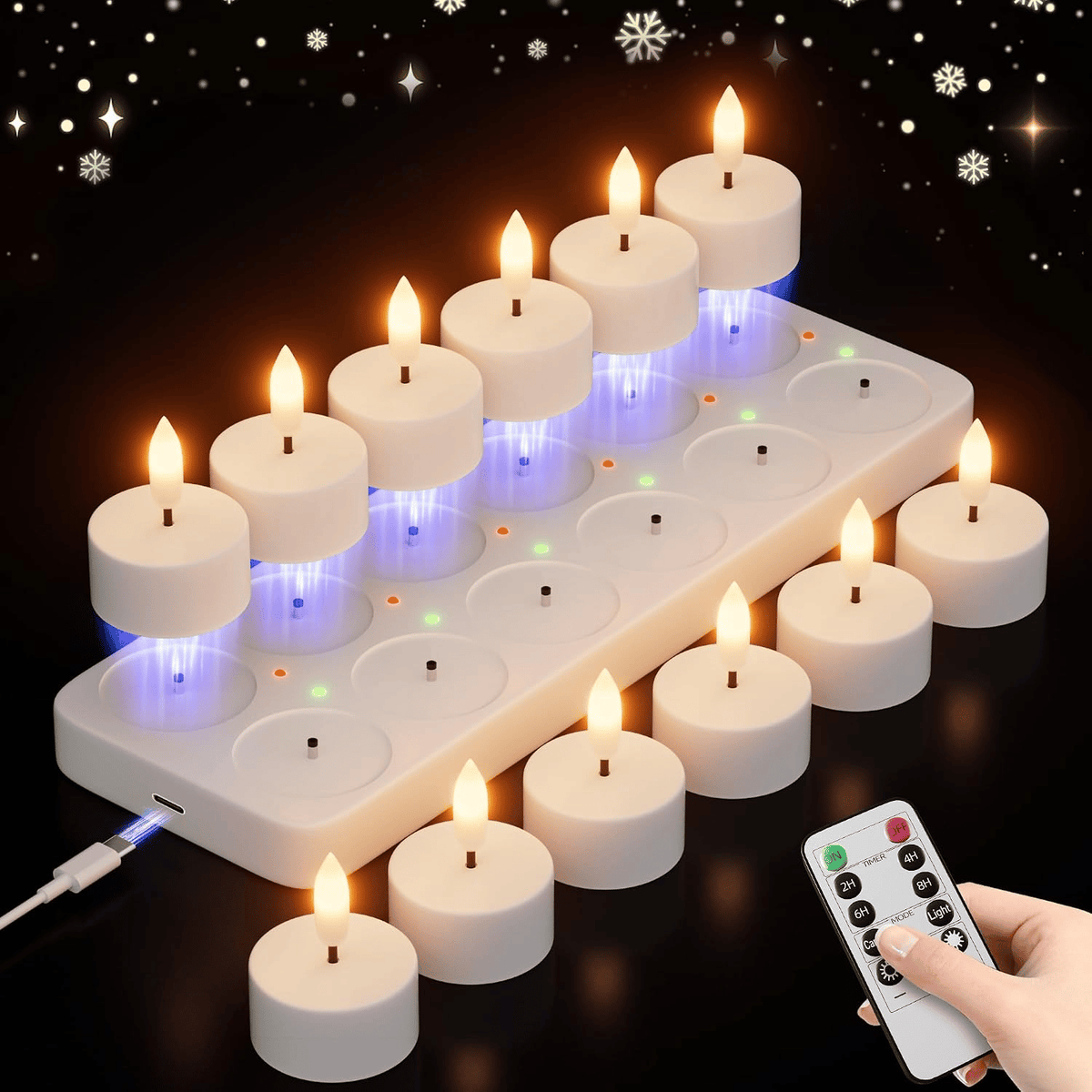 Rechargeable Flameless LED Tea Lights, Charging Station & Remote Included, Flickering Fake Candles, Safe No Flame Candle for Home