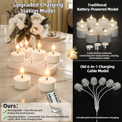 Rechargeable Flameless LED Tea Lights, Charging Station & Remote Included, Flickering Fake Candles, Safe No Flame Candle for Home