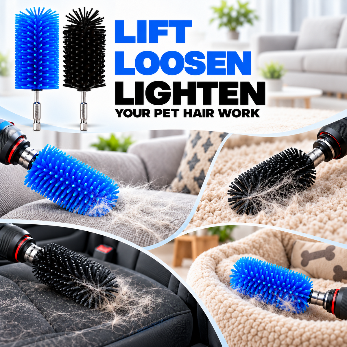 Silicone Pet Hair Drill Brush Set – Drill-Powered Silicone Brushes for Pet Hair, Carpet & Upholstery