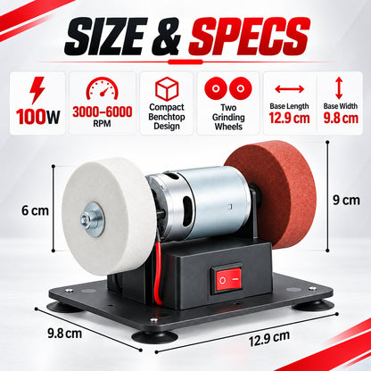 100W Mini Bench Grinder – Variable Speed & Dual Grinding Wheels for Sharpening, Deburring and DIY Projects