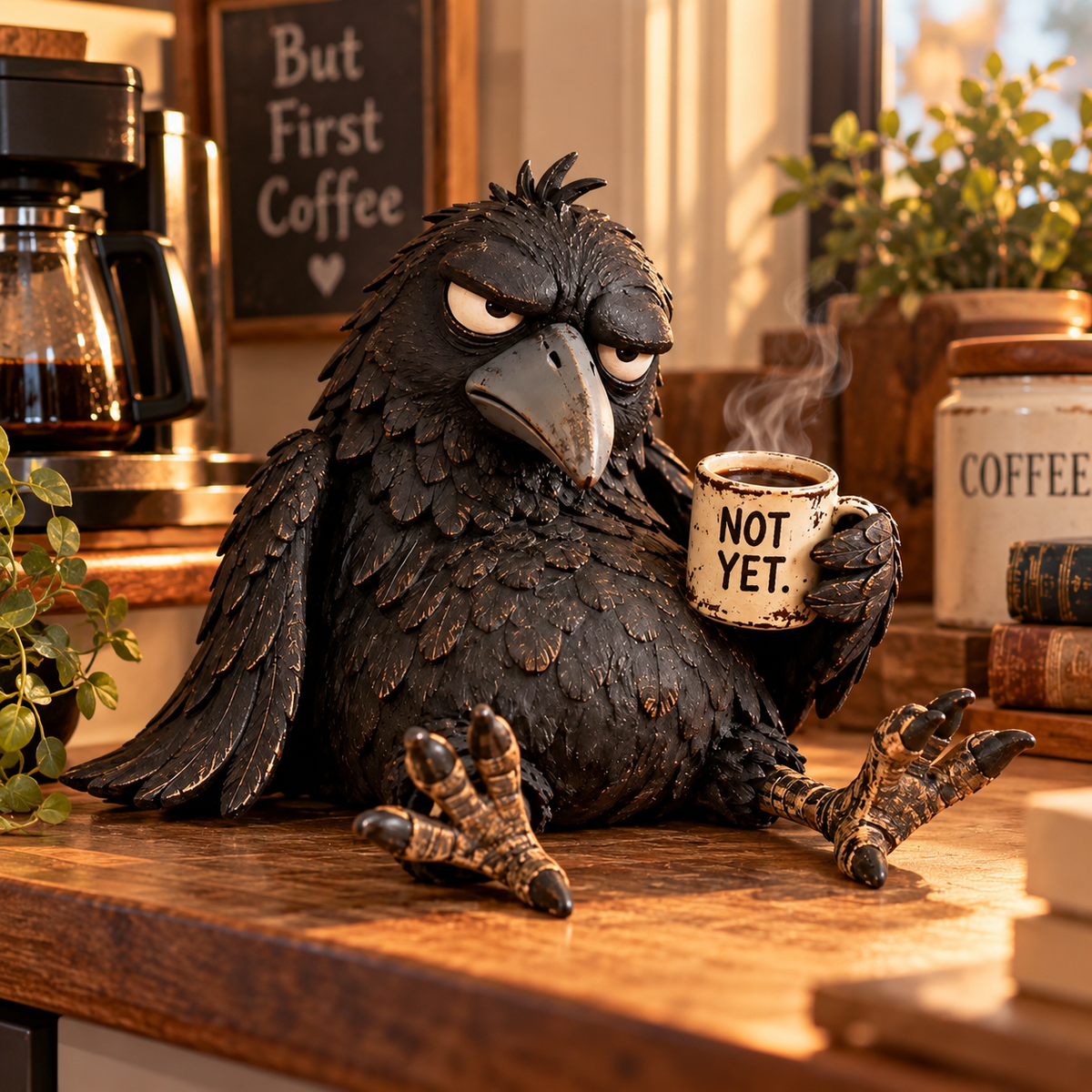 Grumpy Coffee Raven Figurine – “Not Yet” Funny Morning Decor